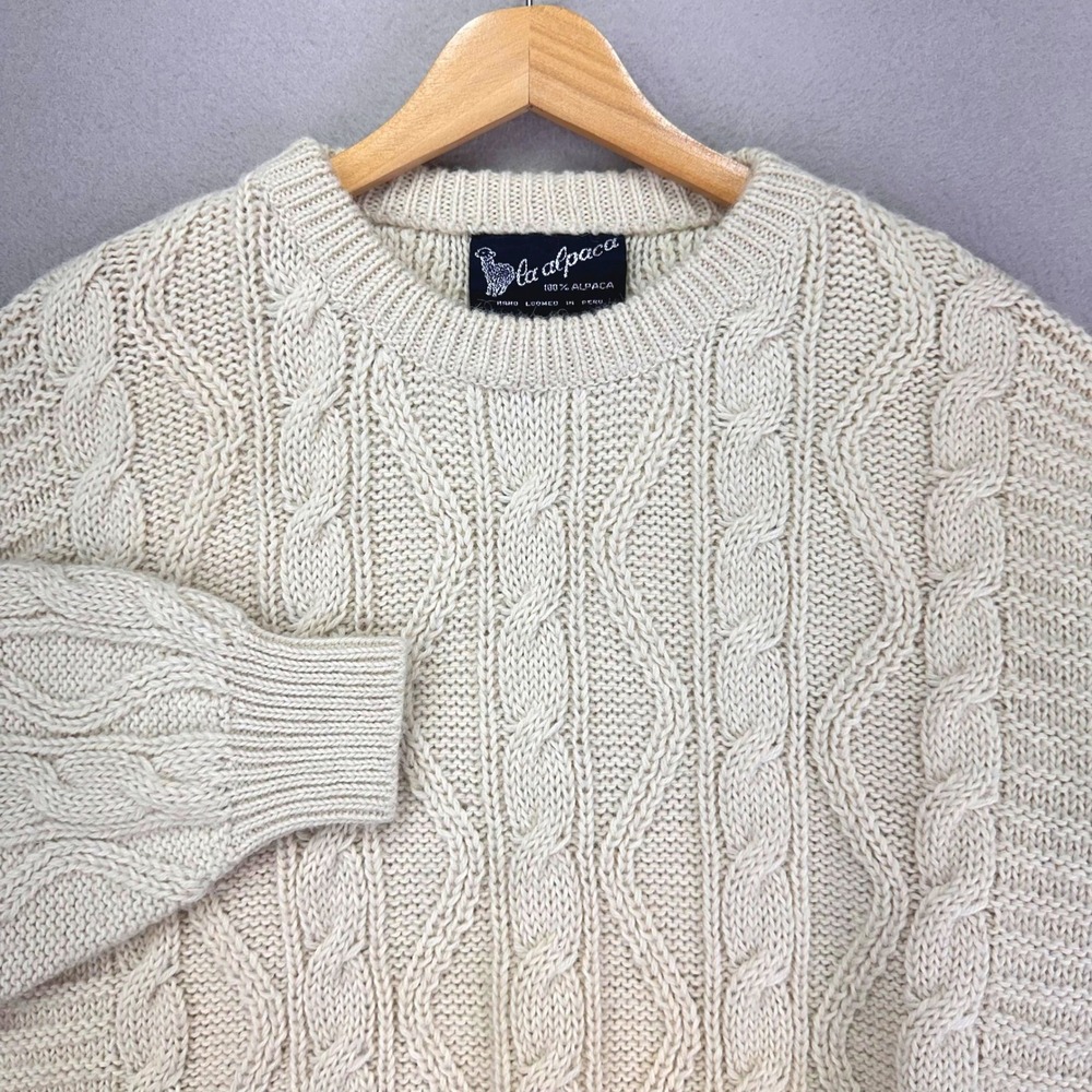 VTG La Alpaca Fisherman Sweater Small Cream Hand Loomed Cable Knit Crewneck Wool
